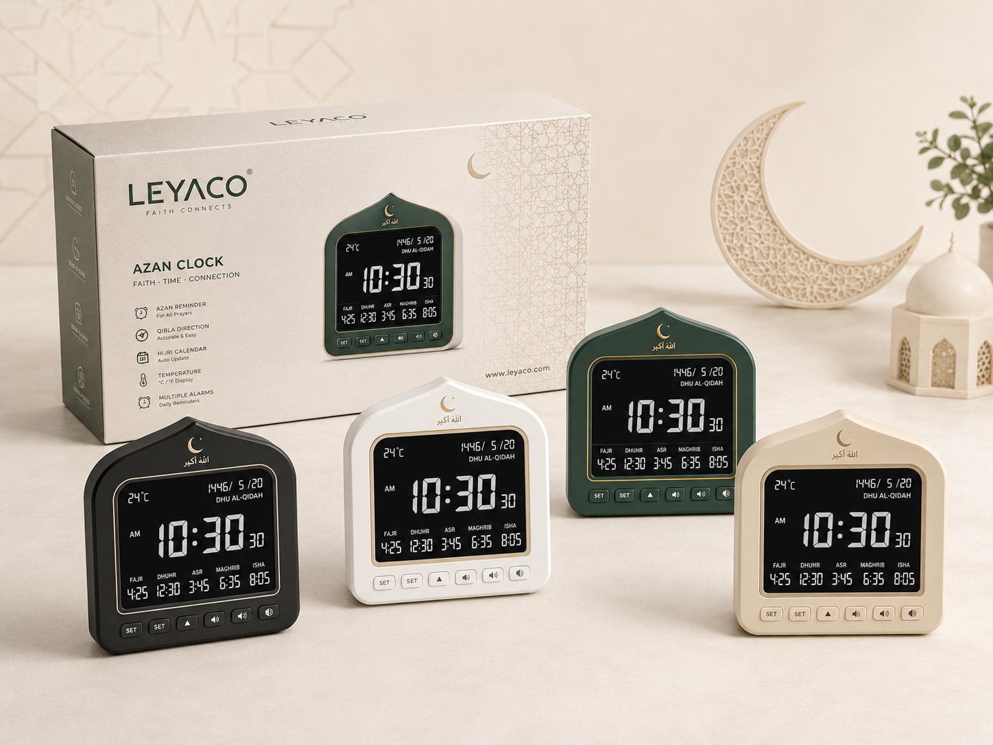 Leyaco azan clock and Islamic clock product range